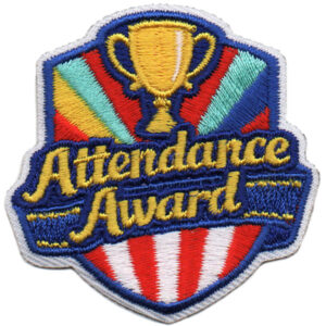 The Attendance Award Patch (Copy) features a gold trophy above "Attendance Award" in yellow, set on a blue background with vibrant rays and red-and-white stripes behind.