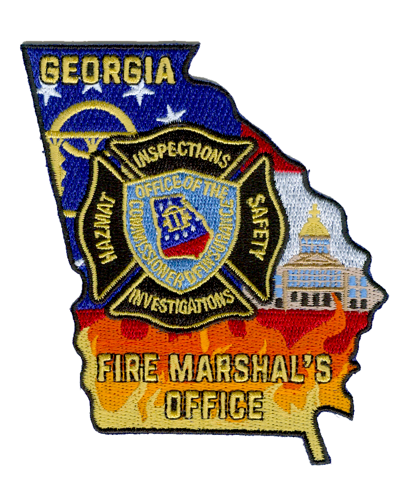 Embroidered patch shaped like Georgia, showing the state capitol, flames, and a firefighter emblem. Text reads: "Georgia Fire Marshal’s Office—Inspections, Safety, Investigations, Authority.