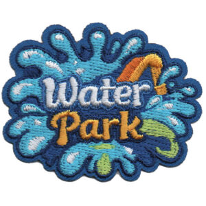 The Water Park Patch (Copy) features blue water splashes, "Water Park" in white and yellow lettering, and an orange water slide in the background.