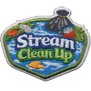 The Stream Clean Up Patch (Copy) is an embroidered patch featuring “Stream Clean Up” text, images of water, a trash bag, and litter items like a can, bottle, and leaf—symbolizing efforts to clean streams or rivers.