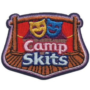 The Camp Skits Patch features “Camp Skits” text and yellow and blue theatrical masks on a stage with red curtains and a wooden floor.