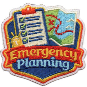 The Emergency Planning Patch (Copy) features a checklist, a map with an X, and a lightbulb, with "Emergency Planning" in orange and yellow text on a blue background.