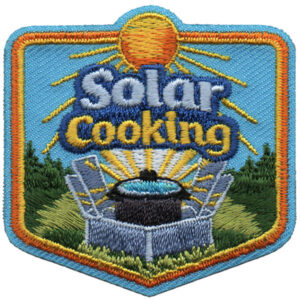 The Solar Cooking Patch (Copy) features a colorful embroidered sun above "Solar Cooking," with a solar cooker, black pot, greenery, and blue sky.
