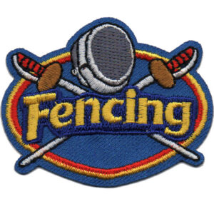 The Fencing Patch (Copy) features "Fencing" in yellow, a fencing mask above two crossed swords, all on a blue background with red and yellow borders.