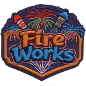 The Fireworks Patch features “Fire Works” embroidered in orange and blue, with colorful fireworks and rockets on a dark background.