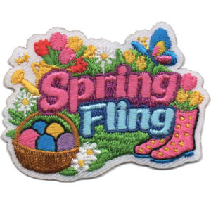 The Spring Fling Patch (Copy) features “Spring Fling” text, colorful flowers, a butterfly, watering can, basket of eggs, and pink polka-dotted rain boots on a white background.