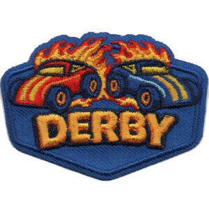 The Derby Patch (Copy) features two vibrant cars with flames, facing each other above bold yellow "DERBY" lettering on a blue background.