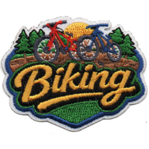The Biking Patch features "Biking" in yellow script, two bicycles on a trail, green trees, and a yellow sun in the background.
