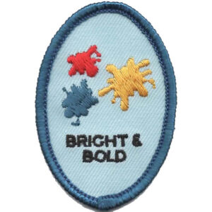 The Starflight Patch (Copy) features blue trim with red, yellow, and blue paint splatters above "BRIGHT & BOLD" text on a light blue background.