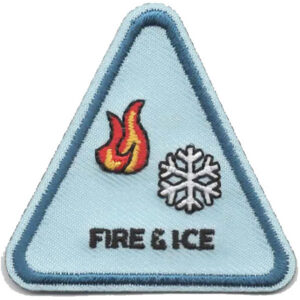 The Connecting to Nature Patch (Copy) is a triangular patch with a light blue background, red and yellow flame, white snowflake above black “FIRE & ICE” text, and a blue border.