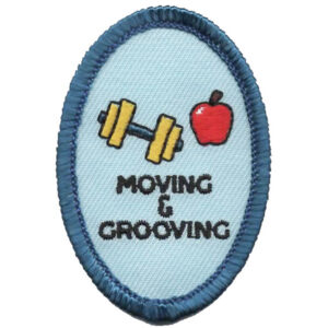 The What Happens When Patch (Copy) features a yellow dumbbell, red apple, and "MOVING & GROOVING" text on a light blue background with a dark blue border.